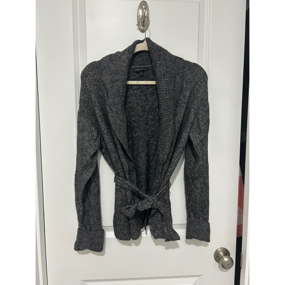 Banana Republic Womens Shawl Collar Belted Wrap Cardigan Acrylic Blend L Gray
